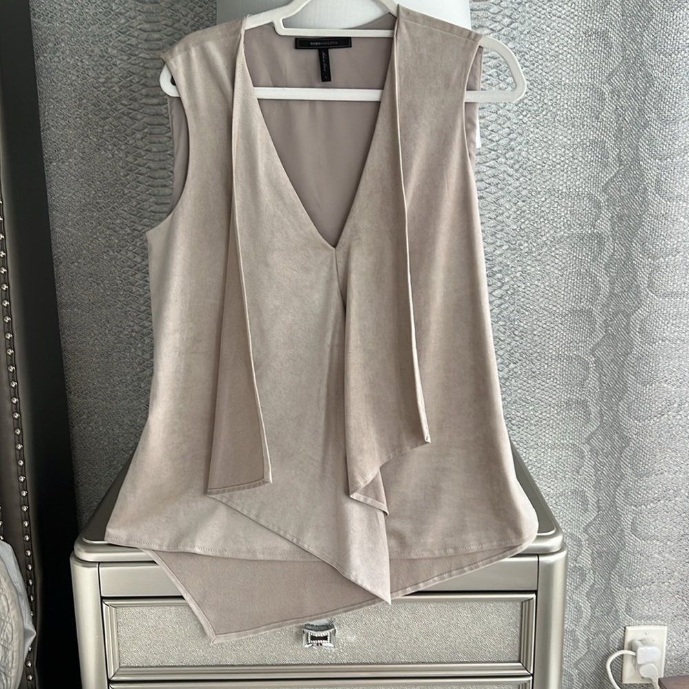 BCBG MAXAZRIA LIGHT STONE ABBY FAUX-SUEDE TOP  Size Large